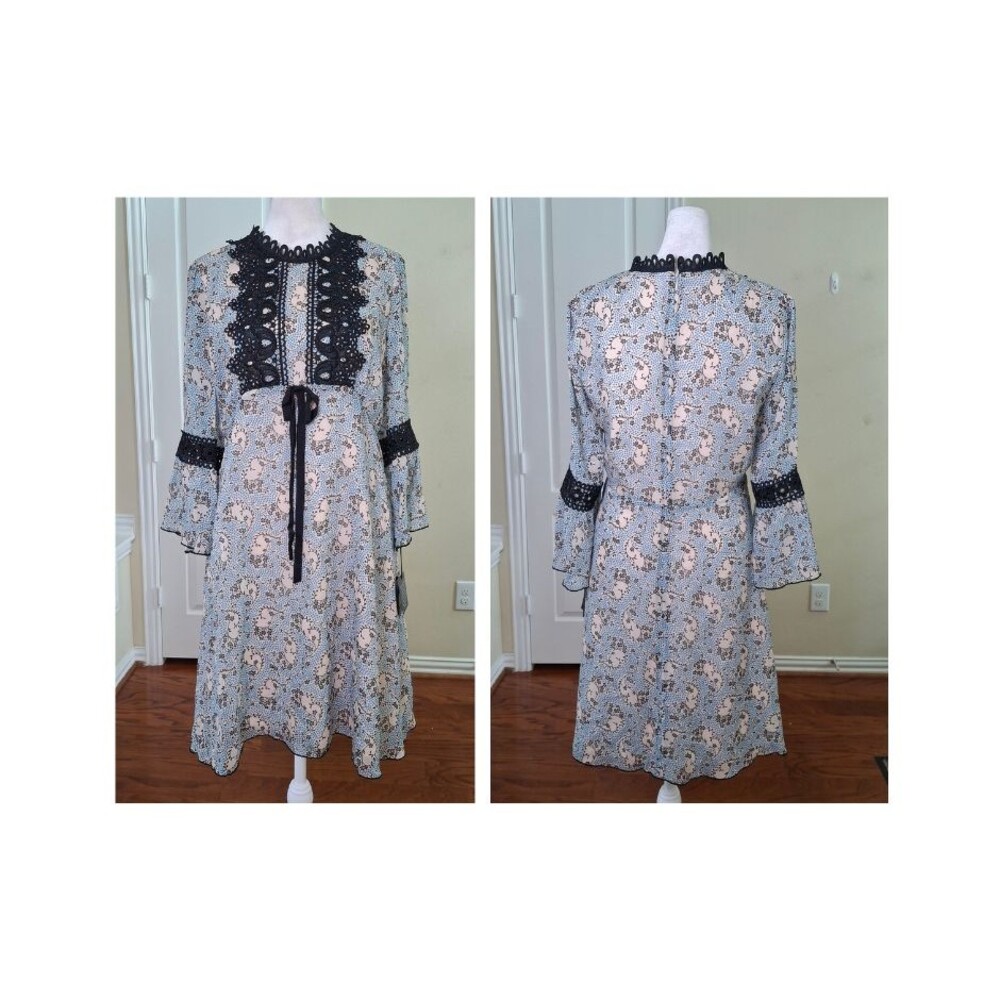 NEW Anna Sui Dress Blue 6 Midi Boho Floral Lace Cottagecore Goth Bell Sleeve